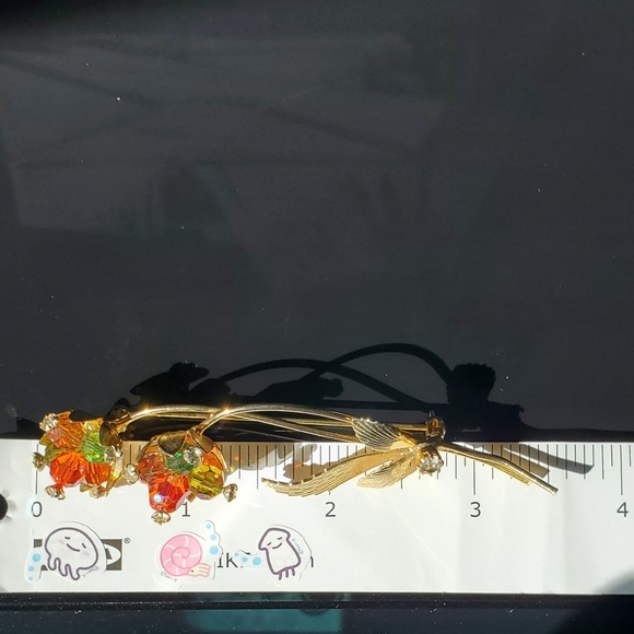 Vintage goldtone wire flowers green orange aurora borealis beads and rhinestone - Picture 10 of 10